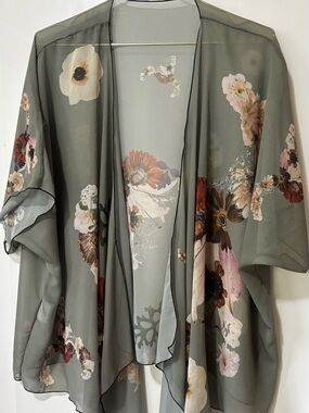Abstract Flowy Floral Sheer Kimono Jacket in Sage Green & Neutrals Sz L/XL